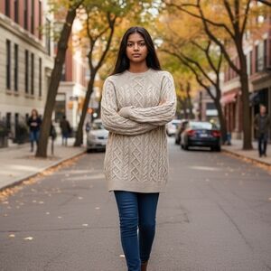 Michael Kors Cream & Tan Cable Knit Tunic Sweater